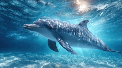 Fototapeta premium Dolphin Swims Near the Water Surface With Soft Light Reflections Creating a Bright Atmosphere