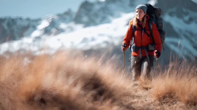 Explore adventure journey achievement outdoor in National Park. A woman in a red jacket and gray pants hiking through a grassy field with snowcapped mountains in the background.