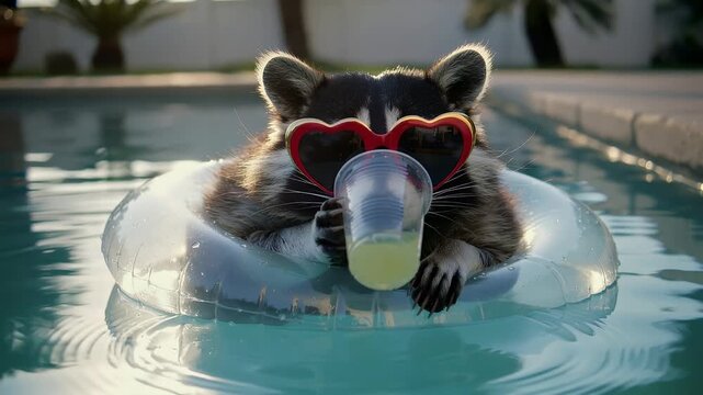 Raccoon enjoys a drink while floating on a pool float during a sunny day