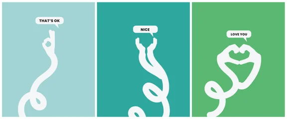 Fotobehang Positive Typography Modern abstract vector triptych panels using continuous white line art to depict positive hand gestures and lips saying "That's OK," "Nice," and "Love You."  © AKANDA