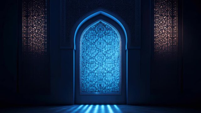 A low-angle video shot of an ornate, blue-lit arched window with intricate patterns. Live desktop wallpaper.