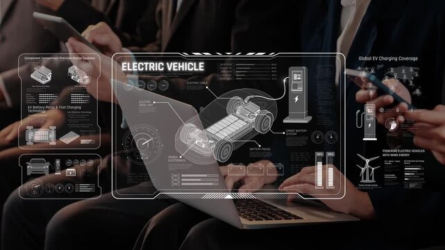 Explore the innovative world of electric vehicles showcasing advanced charging infrastructure and data visualization technology aiming for a sustainable transportation future. Raster