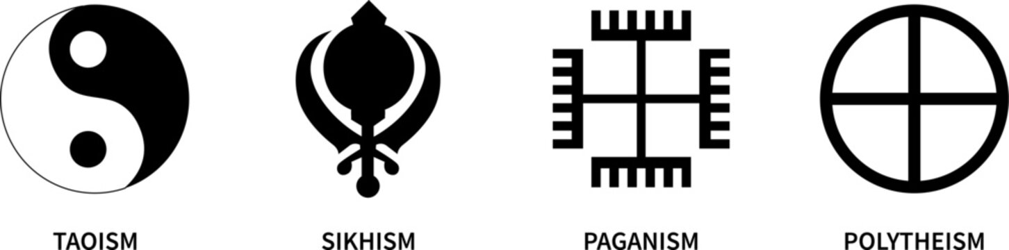 Taoism, Sikhism, Paganism and Polytheism symbols. Religious icons. Vector