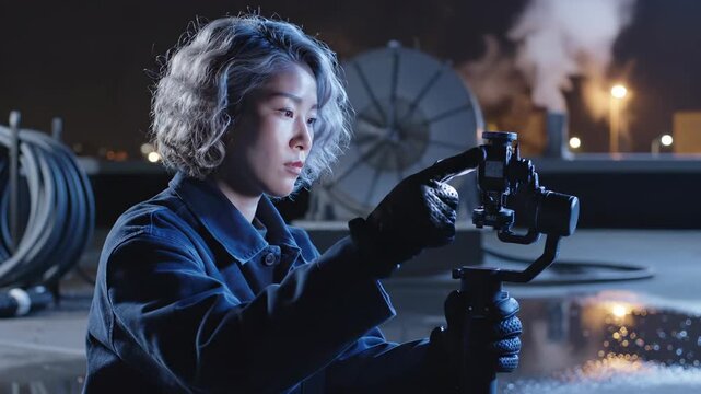 Woman adjusts gimbal stabilizer on rooftop during night filming. Female filmmaker works with gimbal camera setup. Woman prepares stabilizer for video. Filmmaker uses gimbal on rooftop at night.