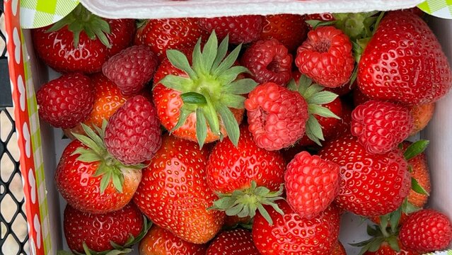 Fresh ripe strawberries and raspberries close up