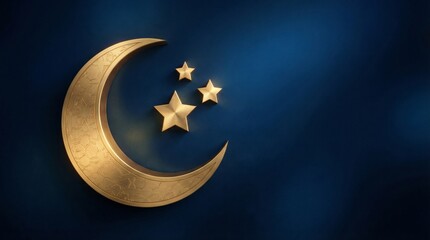Golden crescent moon and stars on a dark blue background with a celestial theme