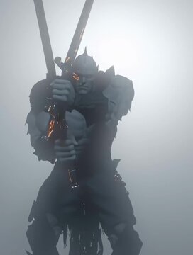 Una figura imponente emerge de la niebla, empu&ntilde;ando dos espadas.