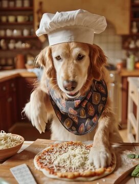Un labrador dorado con gorro de chef y babero, supervisando la preparaci&oacute;n de una pizza.