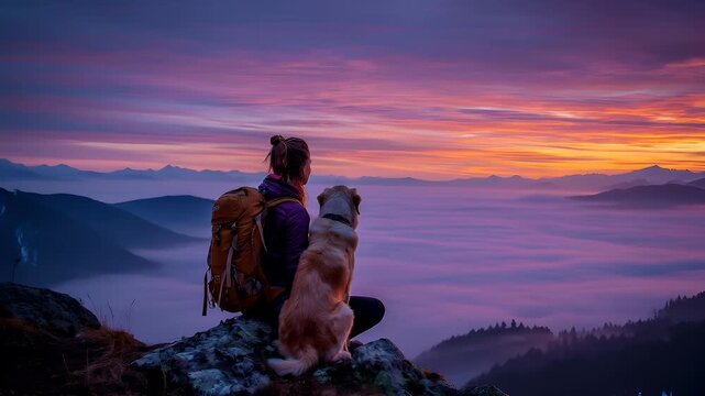 Explore adventure journey achievement outdoor in National Park. A woman and her dog perched atop a rocky outcrop, gazing out over a misty valley at sunset. The woman wears a backpack.