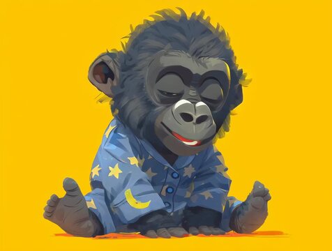Un adorable gorila beb&eacute; vestido con un pijama azul con estrellas, sentado sobre un fondo amarillo brillante.