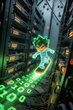 Un personaje pixelado surfeando una onda de datos en un entorno futurista.