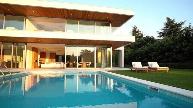 Modern Duplex House with Swimming Pool Exterior in Daylight.