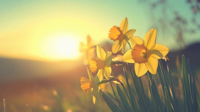 Sunlit daffodils in soft focus, low-angle shot, ideal for a serene nature video backdrop. Live desktop wallpaper.
