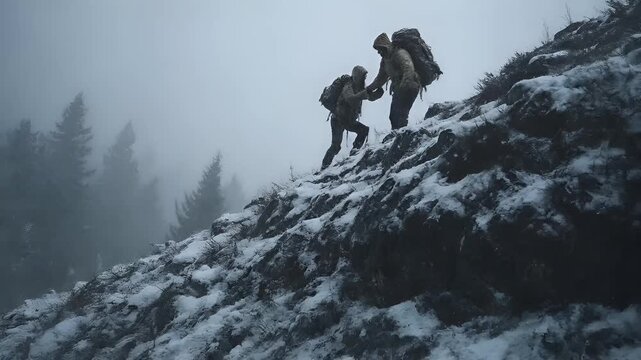 Explore adventure journey achievement outdoor in National Park. Two people climbing a snowy mountain side, hand in hand. They wear backpacks and are surrounded by trees and a misty backdrop.