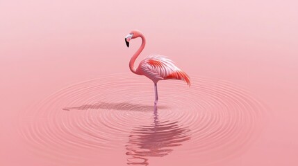 Fototapeta premium A stunning composition of a solitary flamingo standing gracefully in tranquil pink waters, reflecting its image, creating a picturesque and serene scene full of beauty and calm.