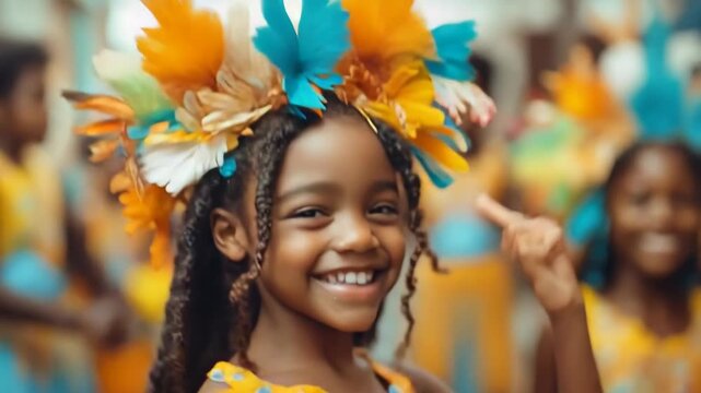 Children joyfully participating in the junior parade at the Notting Hill Carnival, dressed in colorful Caribbean costumes adorned with vibrant feathers and beads, celebrating culture and tradition