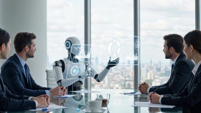 Humanoid robot presenting data to business executives in a boardroom. AI assistant interacting with holographic charts. Future of work concept