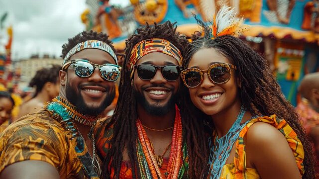 A joyful group of friends posing together in front of a vibrantly decorated float at the Notting Hill Carnival, all dressed in traditional Caribbean-inspired costumes full of color and festive spirit