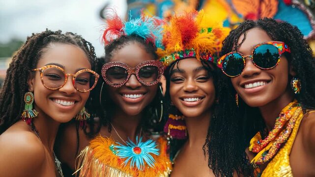 A joyful group of friends posing together in front of a vibrantly decorated float at the Notting Hill Carnival, all dressed in traditional Caribbean-inspired costumes full of color and festive spirit