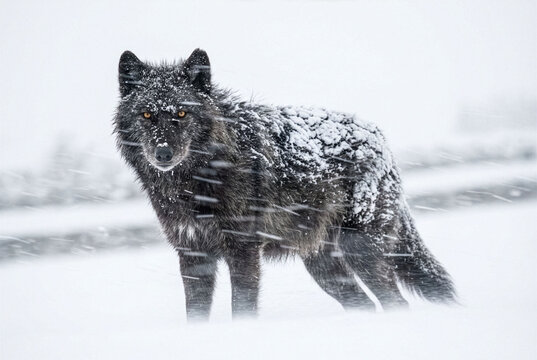 Schwarzer Wolf im Schneesturm &ndash; dramatisches Winter-Werbemotiv