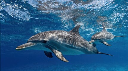 Fototapeta premium Mother Dolphin and Calf Swim Together in the Ocean Showcasing Their Bond and Hydrodynamic Flow in the Water