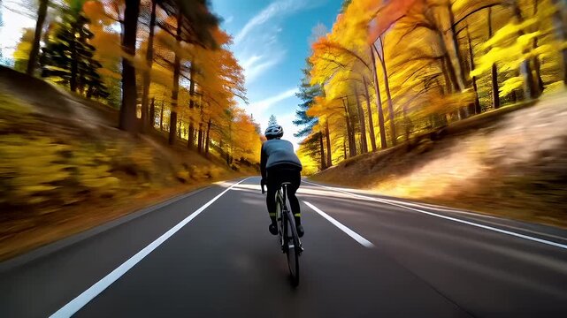 Cardio sports cycling biking exercise, healthy lifestyle. A person wearing a helmet and riding a bicycle down a road surrounded by a vibrant fall forest. The trees are adorned with a mix of red.
