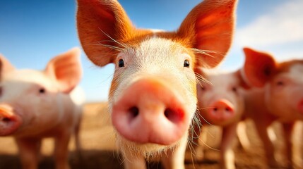 Curious young piglet with a playful expression in a farmyard, surrounded by other pigs in a sunny outdoor setting, highlighting rural life and animal agriculture concept