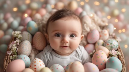 Adorable baby surrounded by colorful Easter eggs in a cozy setting, joyful infant smiling among pastel decorations, perfect for spring celebrations and family moments