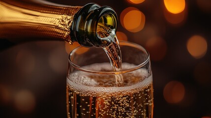 Celebratory champagne being poured into a glass, sparkling bubbles rising, festive atmosphere with blurred warm lights, perfect for toasting at parties and special occasions.