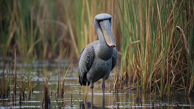 Shoebill Stork standing motionless in an African swamp surrounded by reeds