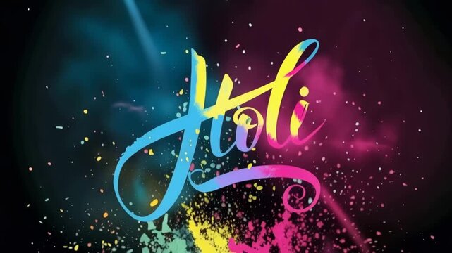 Holi festival celebration with colorful powder exploding around the word Holi in vibrant pink blue and yellow hues  Holi