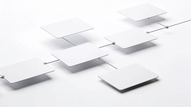 Series of connected white rectangular panels suspended by thin wires, showcasing a progressive arrangement of elements in a minimalist design on a clean white background