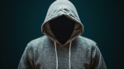 Mysterious figure in gray hoodie with hood covering face against dark background, anonymous silhouette concept representing privacy and secrecy in urban lifestyle