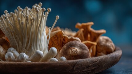 Artistic display of various gourmet mushrooms on a wooden platter, featuring enoki, chanterelle, and shiitake in soft natural lighting, perfect for food photography and culinary concepts