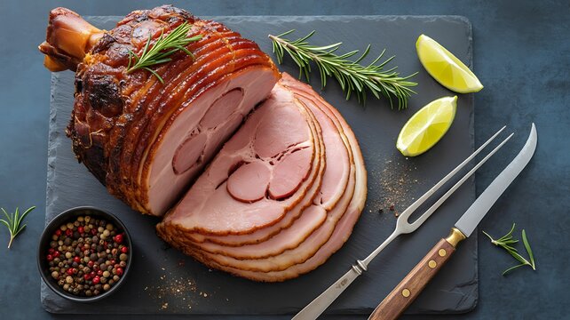 Roasted Glazed Ham Slices with Rosemary, Lime & Peppercorns on Dark Plate