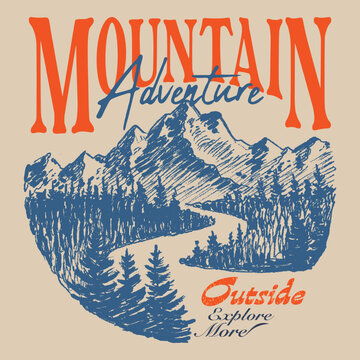 Mountain Outdoors t shirt vector design. artistic embodiment of nature, adventure and landscape, Mountain vintage artwork for apparel, sticker, batch, background, poster and others. Summer adventure