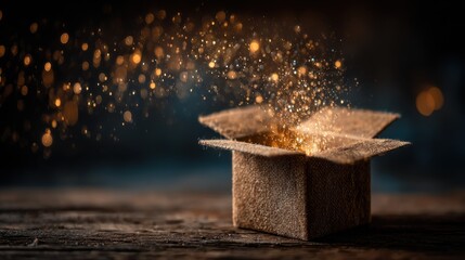 Magical open gift box emitting sparkling light particles, enchanting golden glittering effects creating a whimsical holiday atmosphere, perfect for festive celebrations and gifting concepts