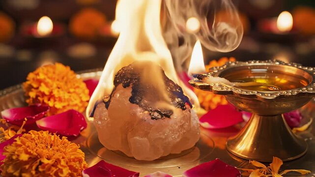 Sacred Crystal Salt Offering Ignited with Fiery Flames Surrounded by Marigold Flowers and Rose Petals Illuminated by Soft Candlelight Creates a Spiritual Ambiance
