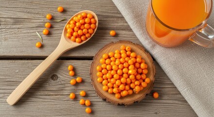 Sea Buckthorn Berries and Juice on Rustic Wooden Table