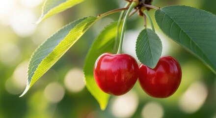 Two Ripe Cherries Hanging on Branch with Leaves