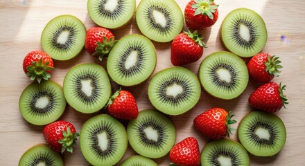 Sliced Kiwis and Strawberries Scattered on Wood