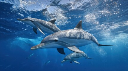 Obraz premium Dolphins Swim in Open Water Showcasing Their Natural Behavior and the Concept of Marine Conservation