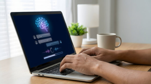 man typing on laptop using artificial intelligence chatbot with digital brain and voice wave interface on screen for machine learning and smart virtual assistant technology concept