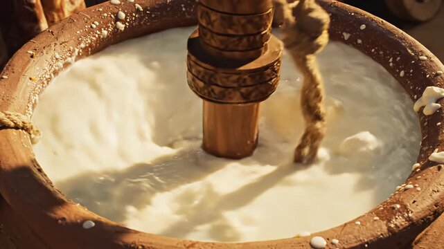 Traditional Butter Churning Process Using an Ancient Clay Pot and Wooden Tool in Natural Sunlight Creating Creamy White Liquid with Ripples and Bubbles