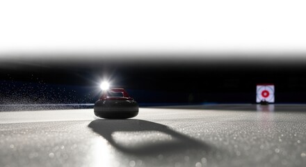Curling Stone Sliding on Ice Toward Target with Dramatic Lighting