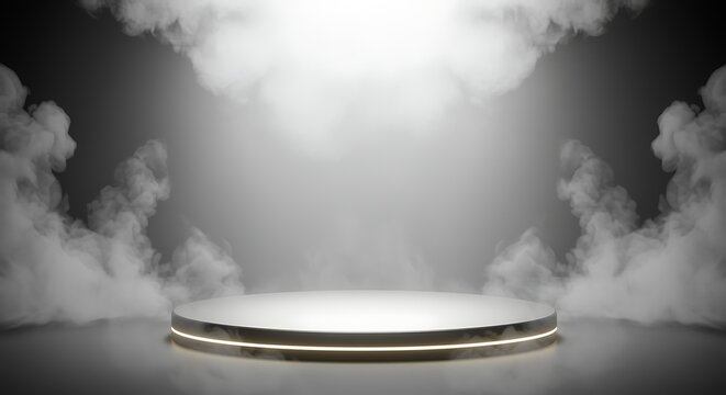 Futuristic minimalist circular stage with glowing lights and fog or smoke effects for product showcase  modern sleek design with dramatic lighting and atmospheric smoke  product display platform