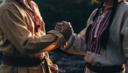 Two people in traditional clothing join hands, symbolizing partnership, heritage, or community. Ideal for historical projects, cultural promotion, or illustrating unity across cultures.