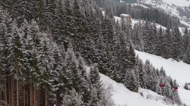 Red gondola moving over snowy pine forest in the Alps during a winter ski holiday in a mountain resort from a static aerial perspective
