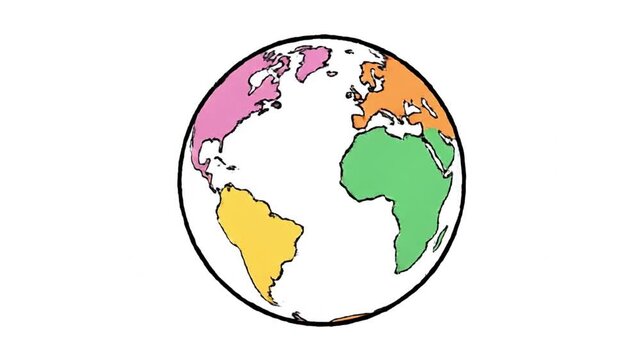 Animated hand-drawn globe shows continents in different colors rotating against a white background, simple cartoon style. Full HD 4k Video