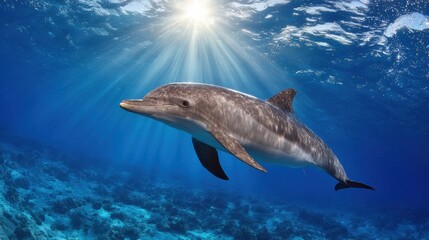 Fototapeta premium Dolphin Swims Diagonally in Clear Ocean Water With Sunlight Shining Through the Surface Creating Beautiful Patterns and Dynamic Movement